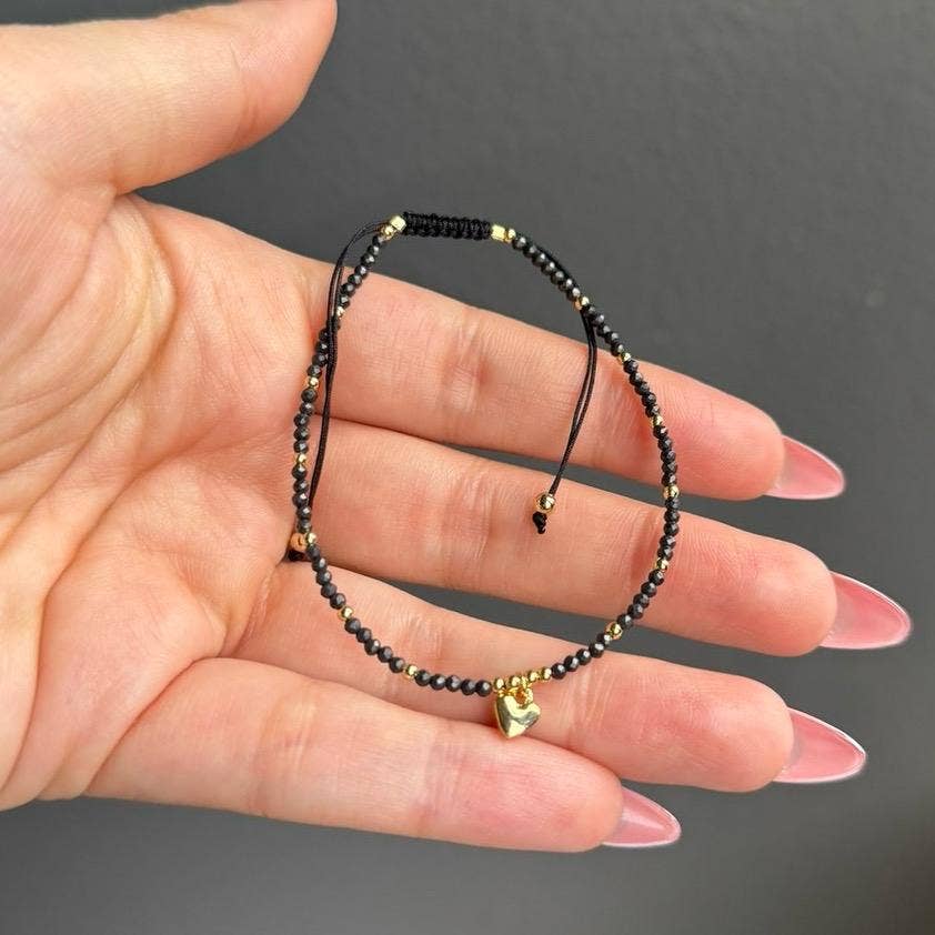 Shungite Heart Charm Beaded Adjustable Bracelet