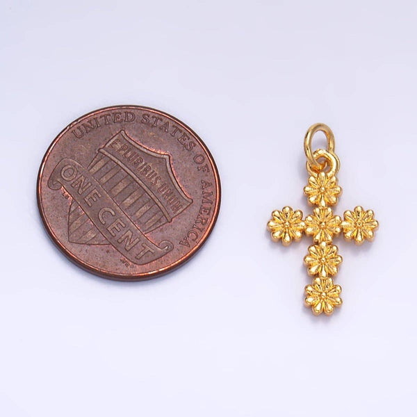 24K Gold Filled Daisy Flower Religious Cross Charm | W325