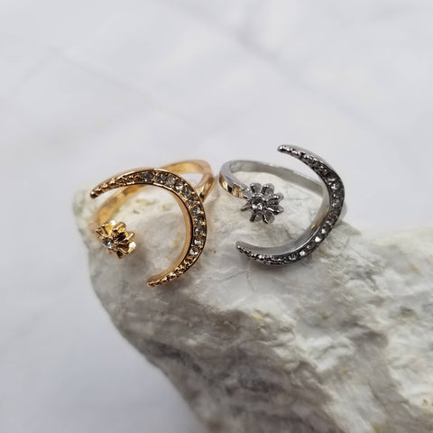 Crystal Moon and Stars Open Ring