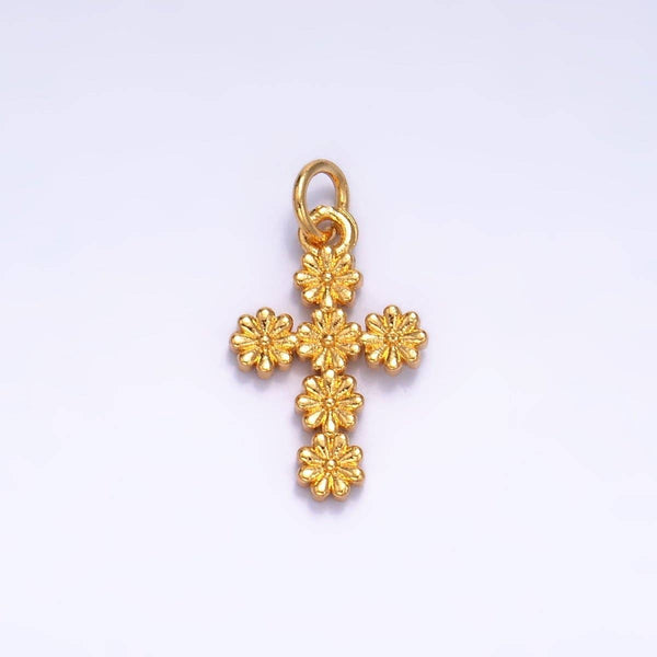 24K Gold Filled Daisy Flower Religious Cross Charm | W325