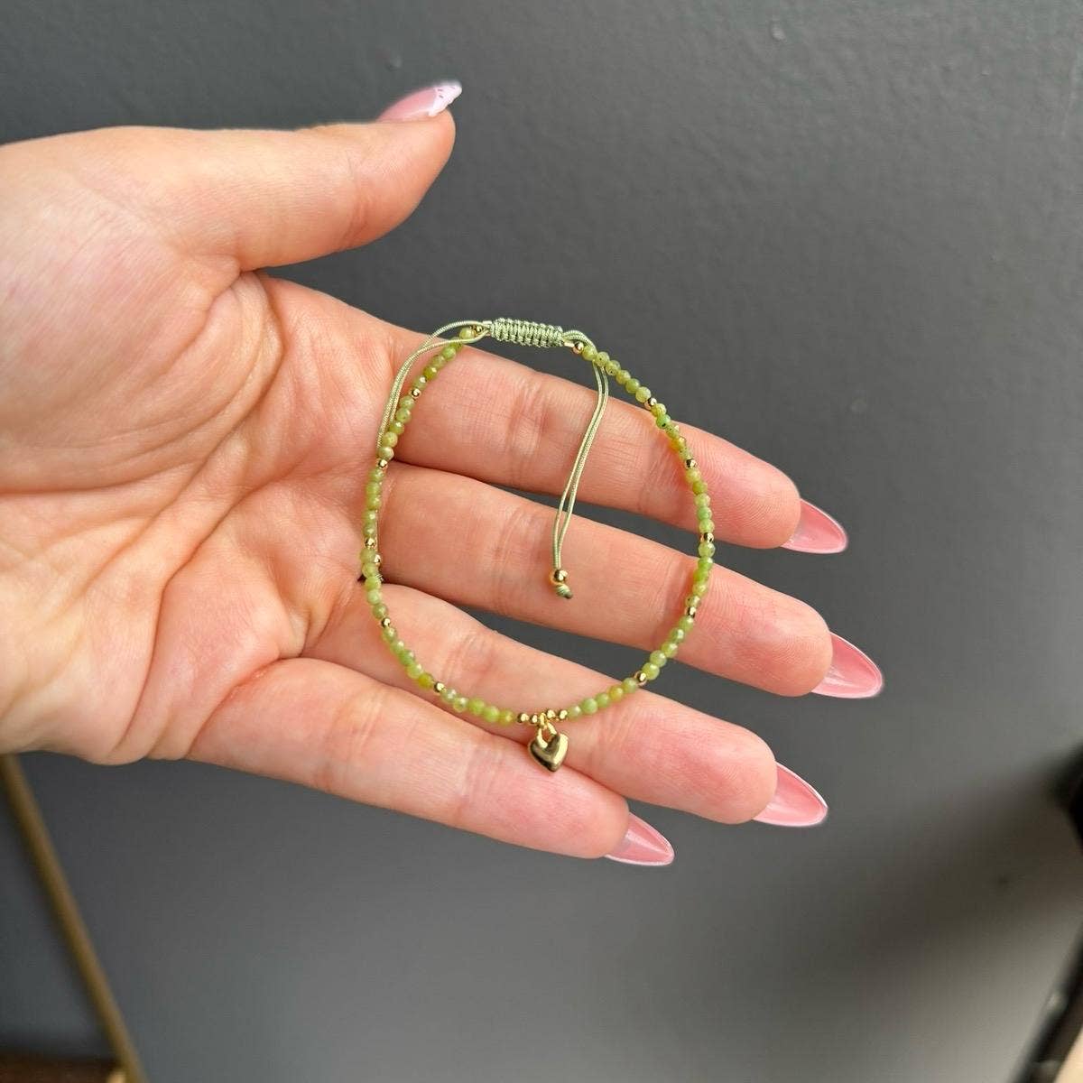 Jade Heart Charm Beaded Adjustable Bracelet