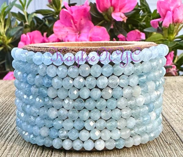 Natural Aquamarine Faceted 4mm 7.5" Crystal Stretch Bracelet