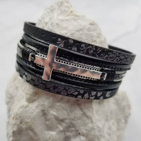 Cross Layered Leather Magnetic Bracelet
