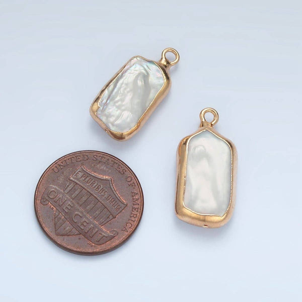 24K Gold Filled 20mm White Biwa Freshwater Pearl Foil Bezel Charm | P1760