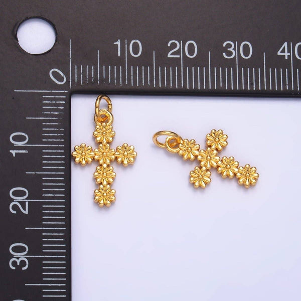 24K Gold Filled Daisy Flower Religious Cross Charm | W325