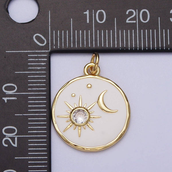 14K Gold Filled White Enamel Celestial Sun Crescent Moon Round Coin Charm E-651