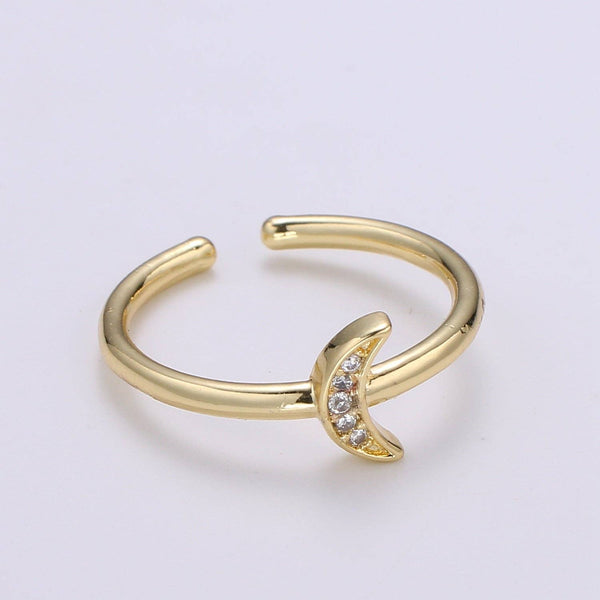 1pc Cresent Moon CZ 24k Gold Ring, Moon Cubic Pave Adjustable Gold Curb Ring, Simple Ring, Clear Cubic Zirconia R316