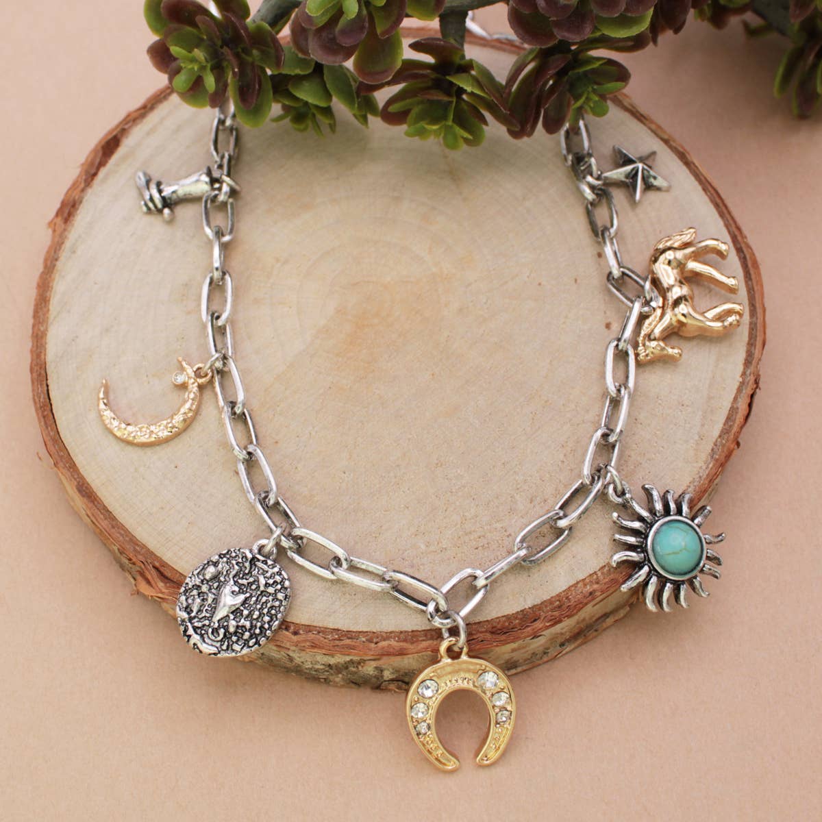 Western Charm Gold Silver Charm Necklace