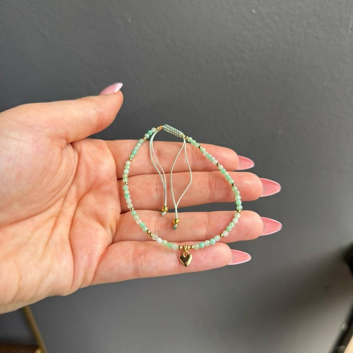 Chrysoprase Heart Charm Beaded Adjustable Bracelet