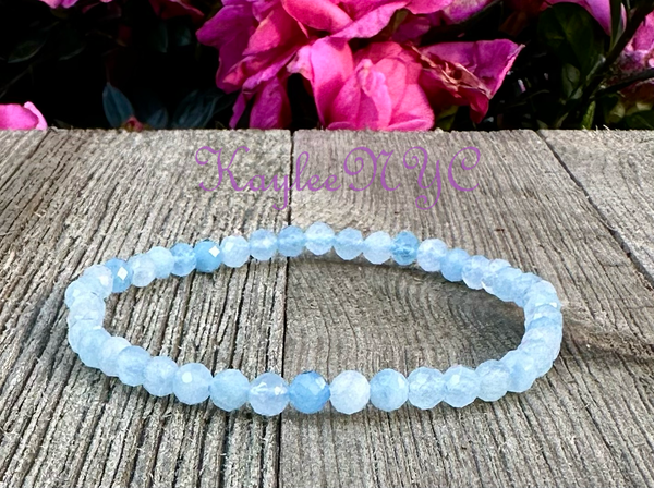 Natural Aquamarine Faceted 4mm 7.5" Crystal Stretch Bracelet