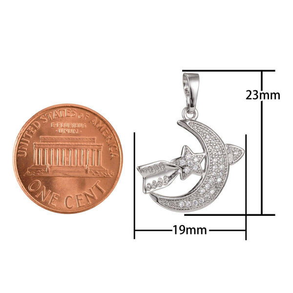 White Gold Filled Micro Pave CZ Moon Star Pendant Charm, Moon Star Pendant Charm, White Gold Moon Star Pendant, For DIY Jewelry I-503