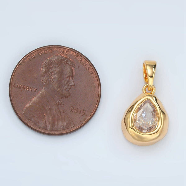 24K Gold Filled Clear CZ Teardrop Hammered Bezel Pendant | H515