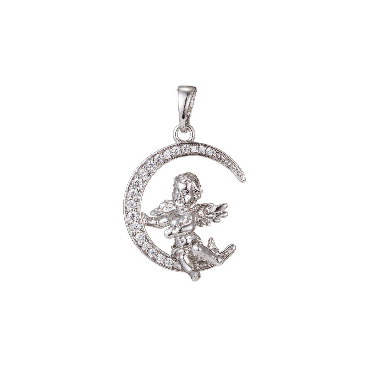 White Gold Filled Micro Pave CZ Angel Pendant Charm, Micro Pave CZ Pendant Charm, White Gold Filled Pendant, For DIY Jewelry I-467