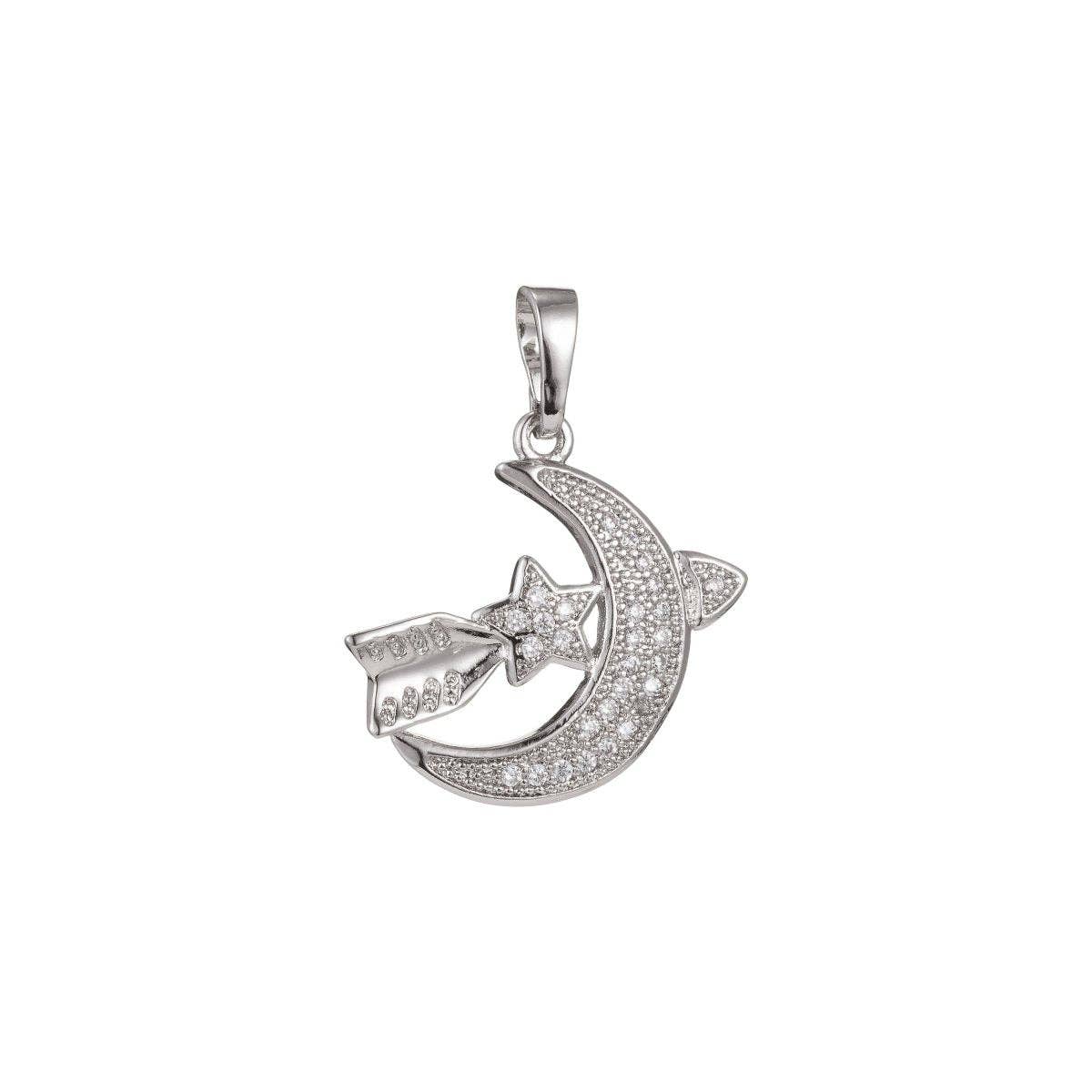 White Gold Filled Micro Pave CZ Moon Star Pendant Charm, Moon Star Pendant Charm, White Gold Moon Star Pendant, For DIY Jewelry I-503