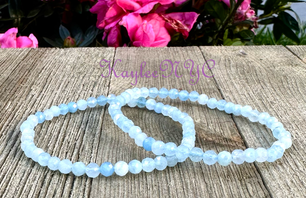 Natural Aquamarine Faceted 4mm 7.5" Crystal Stretch Bracelet