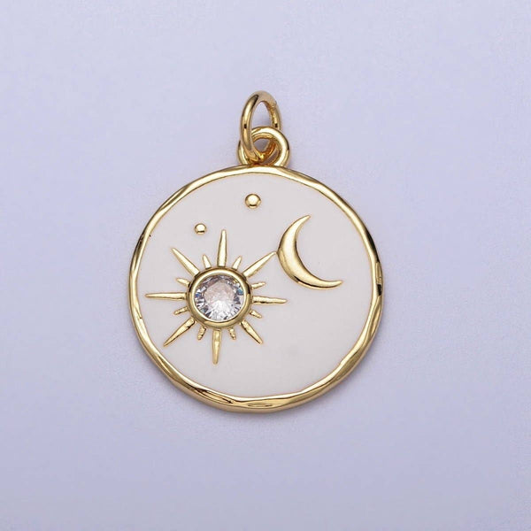 14K Gold Filled White Enamel Celestial Sun Crescent Moon Round Coin Charm E-651