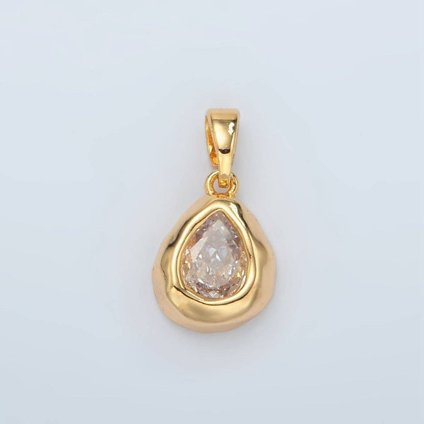 24K Gold Filled Clear CZ Teardrop Hammered Bezel Pendant | H515